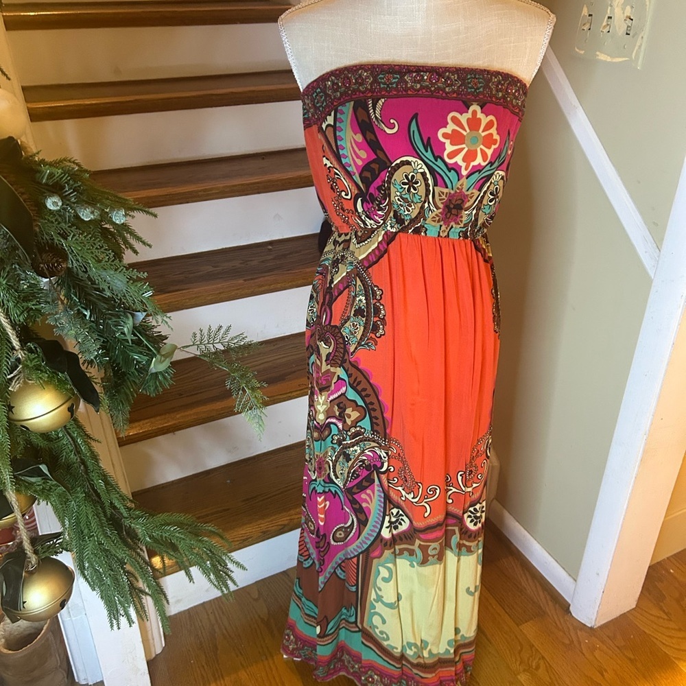 Forever 21 Strapless Boho Paisley Maxi Dress Small Summer Festival Hippie Chic